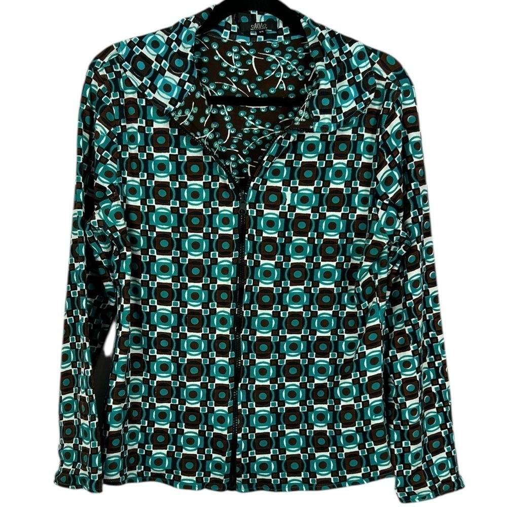 Miss Nikky Reversible Cotton Geometric Floral Full Zip Jacket Medium Blue Brown